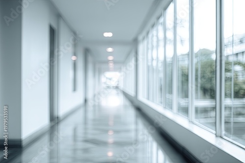 A long, empty, blurred modern hallway with large windows on one side, clean, bright