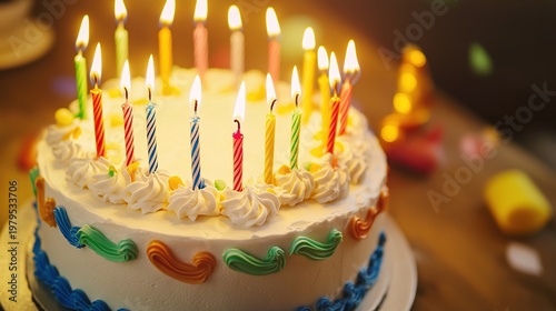 candles. A festive birthday cake illuminated by candlelight, creating a warm and celebratory atmosphere. symbolizing life milestones and joyful moments.