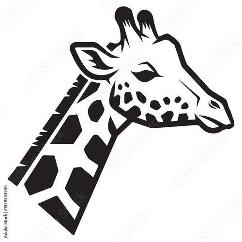 Giraffe head and neck profile vector illustration in black and white graphic style for logo or mascot design