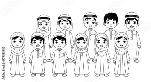 Group of Muslim children in traditional attire, smiling and holding hands.