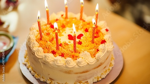 candles. A festive birthday cake illuminated by candlelight, creating a warm and celebratory atmosphere. symbolizing life milestones and joyful moments.