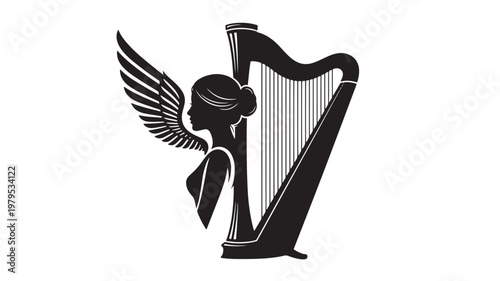 Harp angel silhouette with wings and black linework, classical music emblem for vintage spiritual design