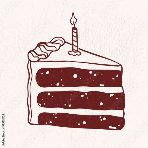 Hand drawn doodle slice of cake with candle. Festive dessert vector illustration in sketch style with texture isolated for birthday cards, bakery branding, party design, prints and menu decoration