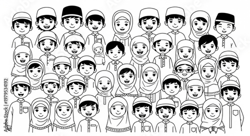 Group of Muslim children in traditional attire, smiling and looking at the camera.