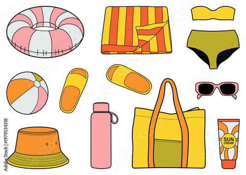 Beach Essentials Vector Illustration with Summer Accessories Set. Towel, bikini, sunglasses, sun hat, bag, beach ball, and sun cream, perfect for summer design projects.