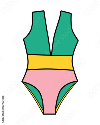 Colorful Swimsuit Vector Illustration With Geometric Design. Featuring pink, green, and yellow sections, it's ideal for summer themes and swimwear projects.