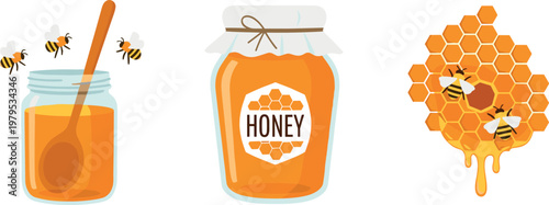Honey Jar and Bee Illustration Set for Organic, Natural Sweetener, and Beekeeping Designs