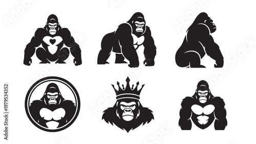 Gorilla warrior tattoo icons set with crown and heart emblems in bold black vector style featuring silhouette, king, beast with mascot and emblem