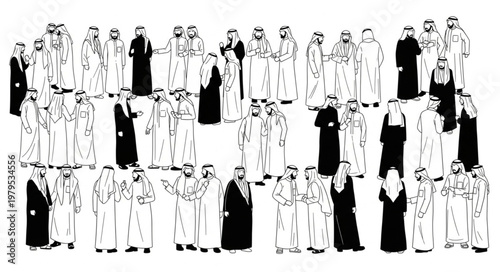 Group of men in traditional Arab clothing standing together.