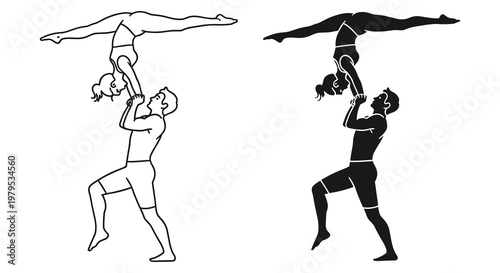Two illustrations show a couple performing an acrobatic move in monochrome shades