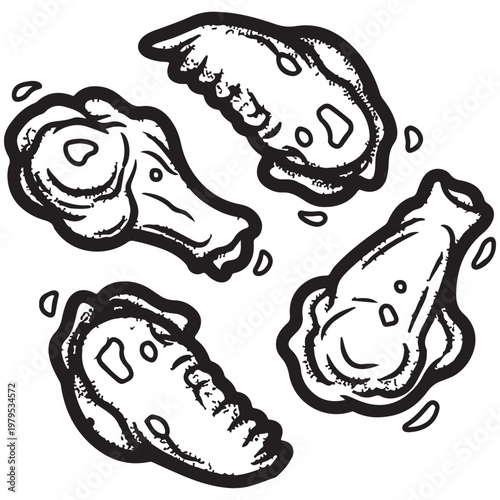 Hand drawn chicken wings vector illustration in black and white line art style for restaurant menu design