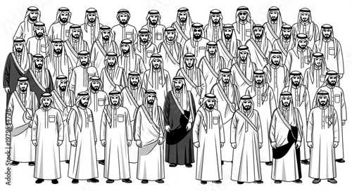 Group of men in traditional attire, focused on the central figure.