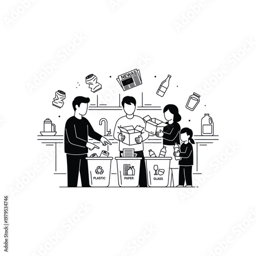 A family is sorting recyclable materials in their kitchen to promote sustainability and eco-friendliness.