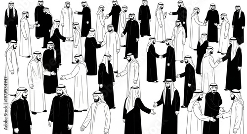 Group of men in traditional attire, interacting and shaking hands.