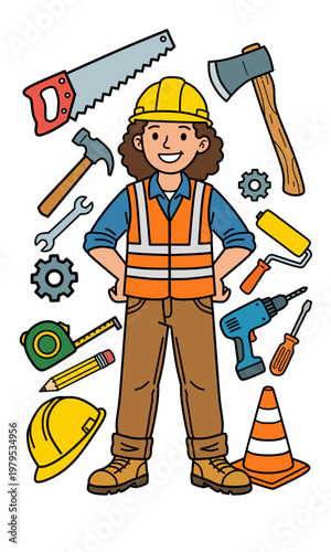 Construction Worker with Tools and Equipment Doodle Illustration