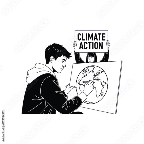 A young man drawing the Earth while a woman behind him holds a Climate Action sign.