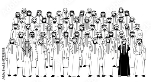 Group of men in traditional attire, one man stands out in black.