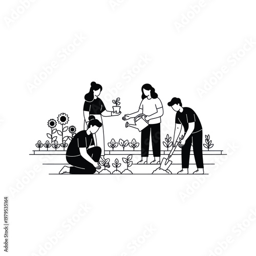 A group of people working together in a garden planting flowers and vegetables