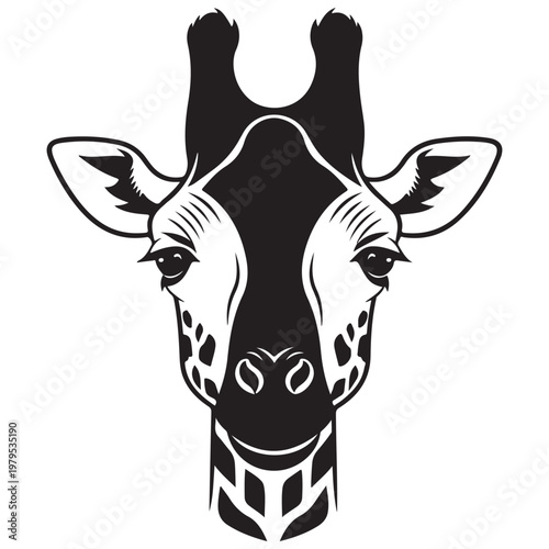 Minimalist giraffe head portrait vector illustration in black and white for logo or wildlife branding
