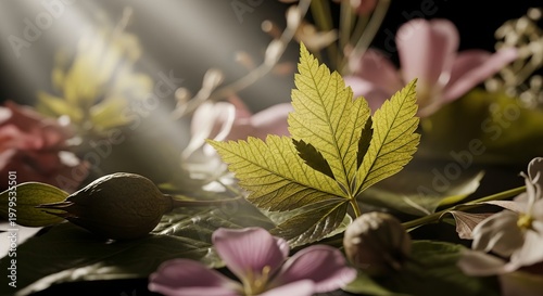 Sunlit Leaf Amidst Floral Beauty - A Natures Embrace. #1979535501