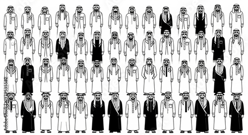 Group of men in traditional attire, Saudi Arabia, black and white.