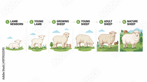 Sheep Growth Stages Vector Lamb to Adult Sheep Farm Animal Illustration