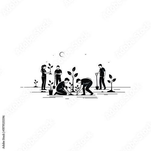 A group of people planting trees and working together in a collaborative effort for environmental conservation.