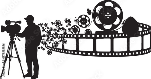 Silhouette of a filmmaker with film reel graphics
