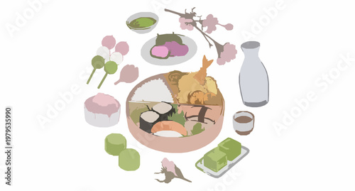 Hand drawn hanami bento and Japanese sweets circle set with sushi dango sakura mochi and sake vector illustration