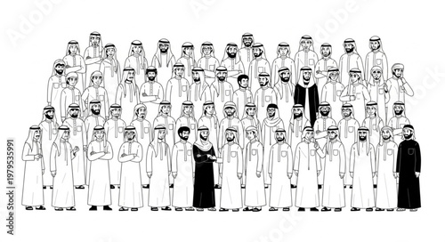 Group of men in traditional attire, standing together in a formal setting.