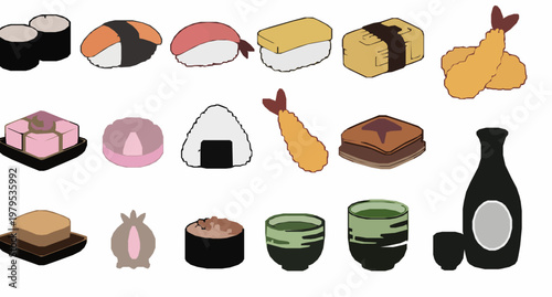 Hand drawn hanami bento and Japanese sweets grid with sushi onigiri wagashi and sake doodle vector set