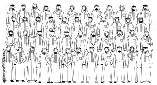 Group of men in traditional attire standing together in a formal setting.