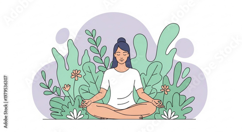 Woman meditates in lotus position surrounded by lush greenery and vibrant flowers in a serene natural setting for mindfulness and relaxation