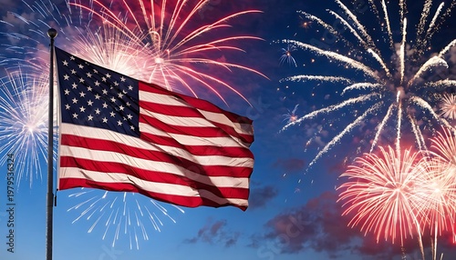 American flag waving against a backdrop of fireworks