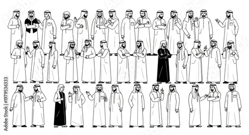 Group of men in traditional attire, standing together in a gathering.