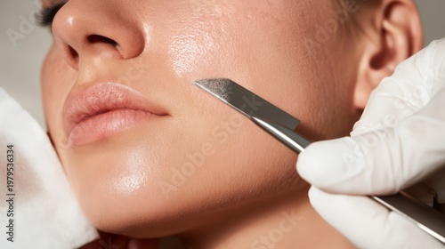 A dermaplaning facial exfoliation procedure.
