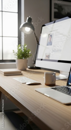 Modern workspace with computer and lamp.