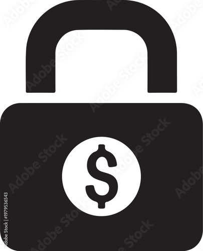 Secure finance icon, locked money symbol, black padlock with dollar sign, financial security vector