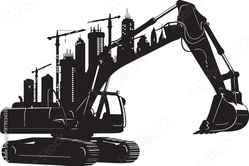 Excavator Silhouette in Urban Construction Site Setting
