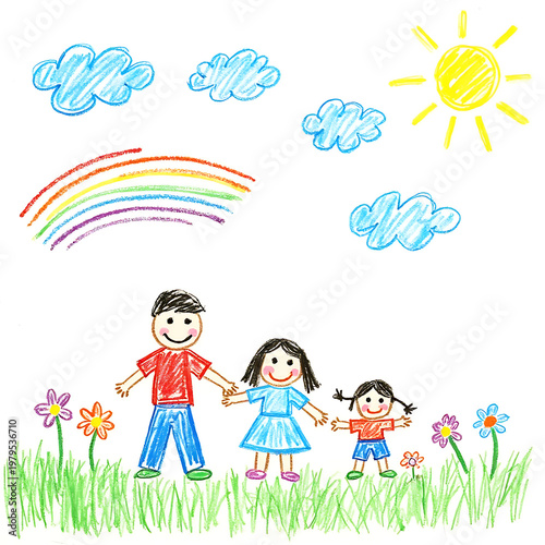 Childlike drawing of a happy family in a meadow with sun clouds and rainbow