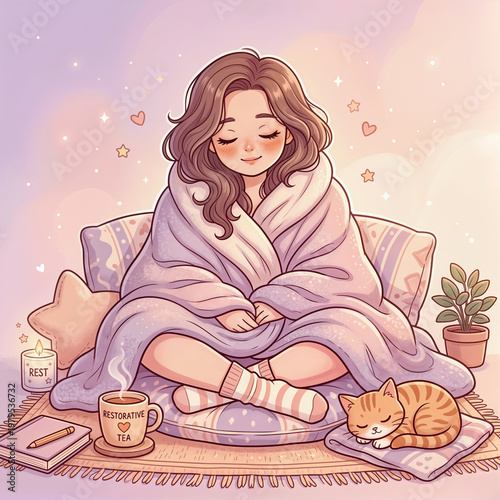 Cozy Rest and Recovery Illustration with Woman Blanket Tea and Sleeping Cat