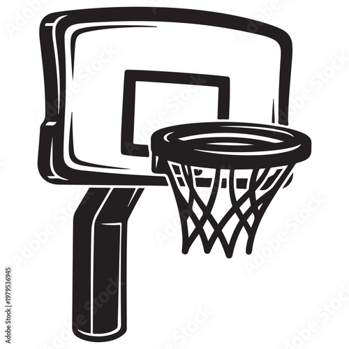 Basketball hoop with backboard and net black and white vector illustration for sports branding and athletic design