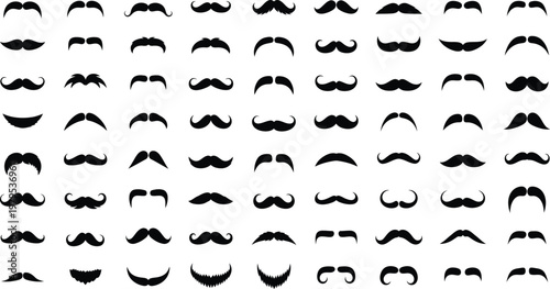 A collection of black mustache styles on a white background