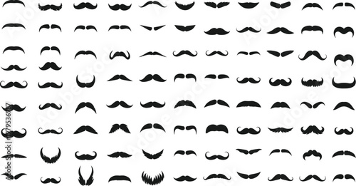 A large collection of different mustache styles on a white background