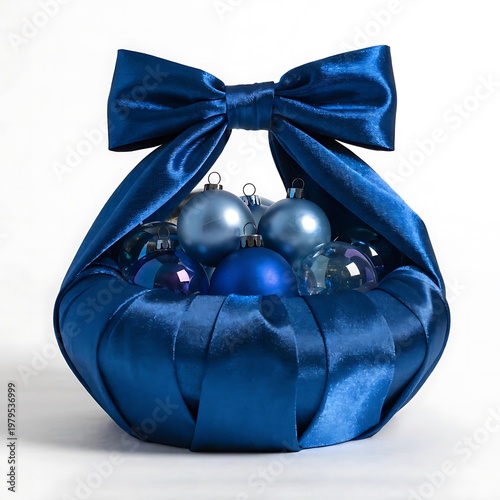 Blue Satin Basket Filled With Christmas Ornaments image