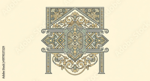 An intricate ornate design with floral patterns and geometric shapes in gold and green hues on a cream background