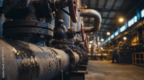 Industrial pipes and machinery in a factory setting with large equipment