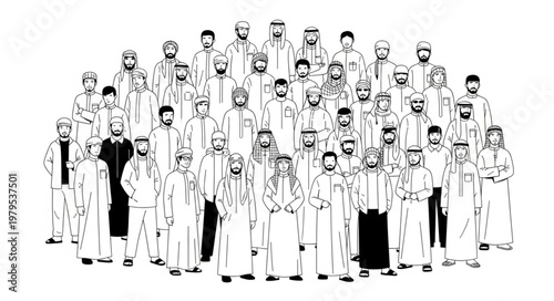 Group of men in traditional attire, standing together, monochrome image.