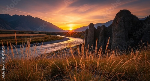 Golden Sunset Over River and Mountains Landscape.