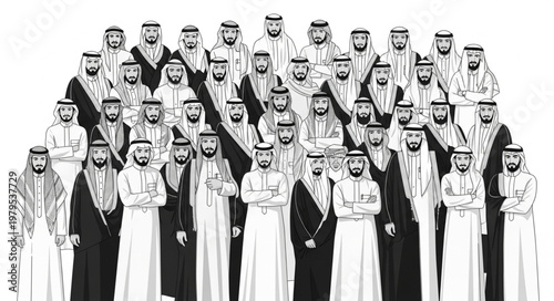 Group of men in traditional attire, standing together, portrait.